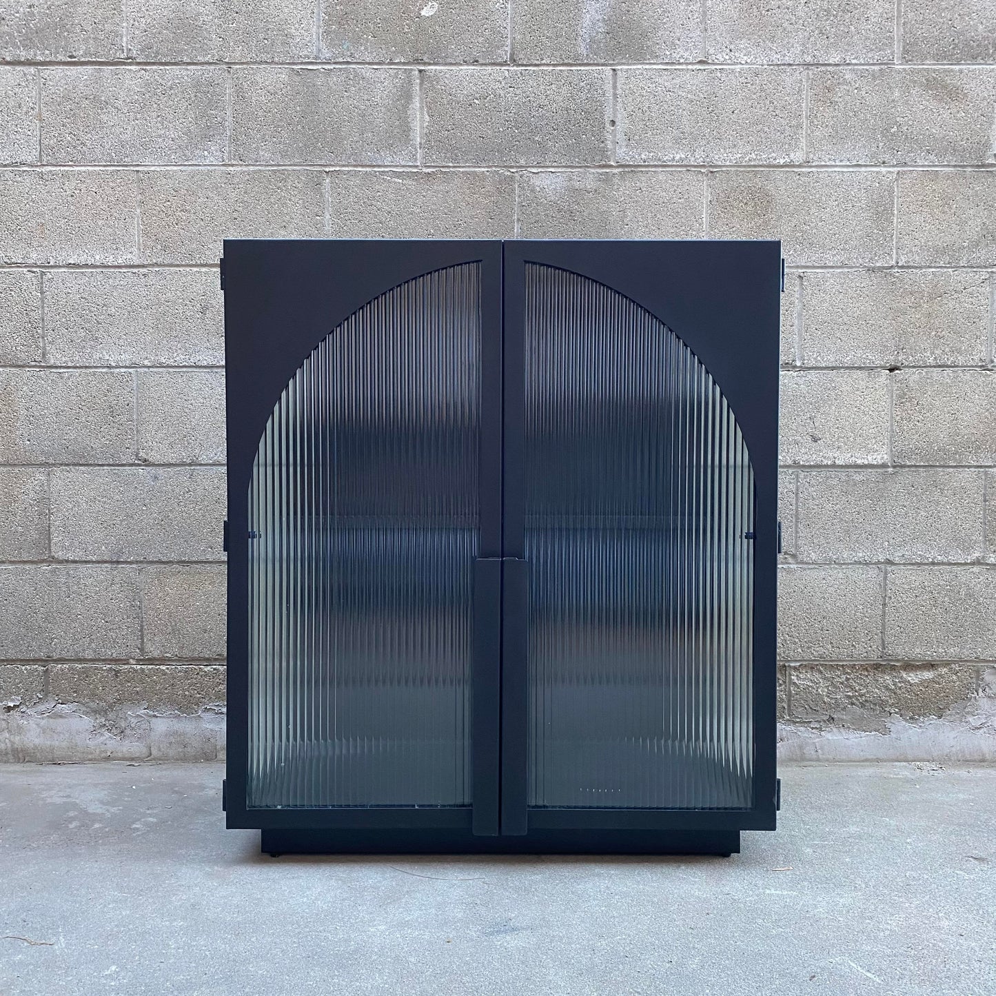 Isabella Iron And Reeded Glass Bar Cabinet With Glass Shelves