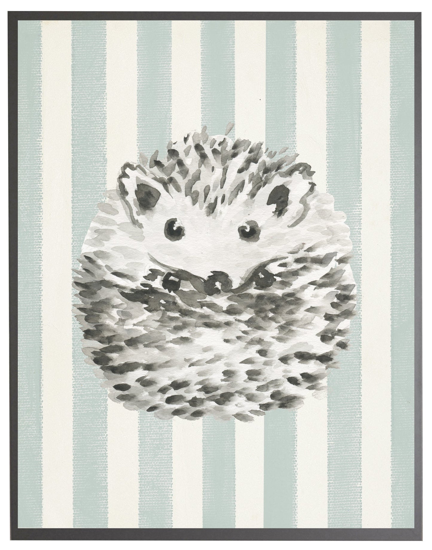Watercolor Baby Hedgehog on Blue Stripes with Wooden Frame