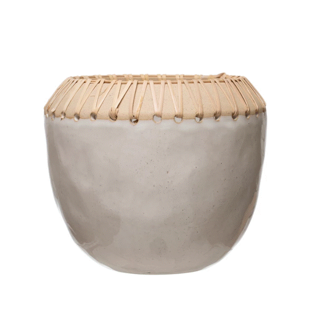 Stoneware Planter With Rattan Stitching - Large