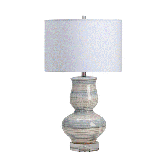 Decker Double Gourd Table Lamp, Ceramic & Crystal, Gray & Blue Ceramic & Crystal Finish, White Linen Drum Shade