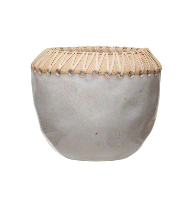 Stoneware Planter With Rattan Stitching - Small