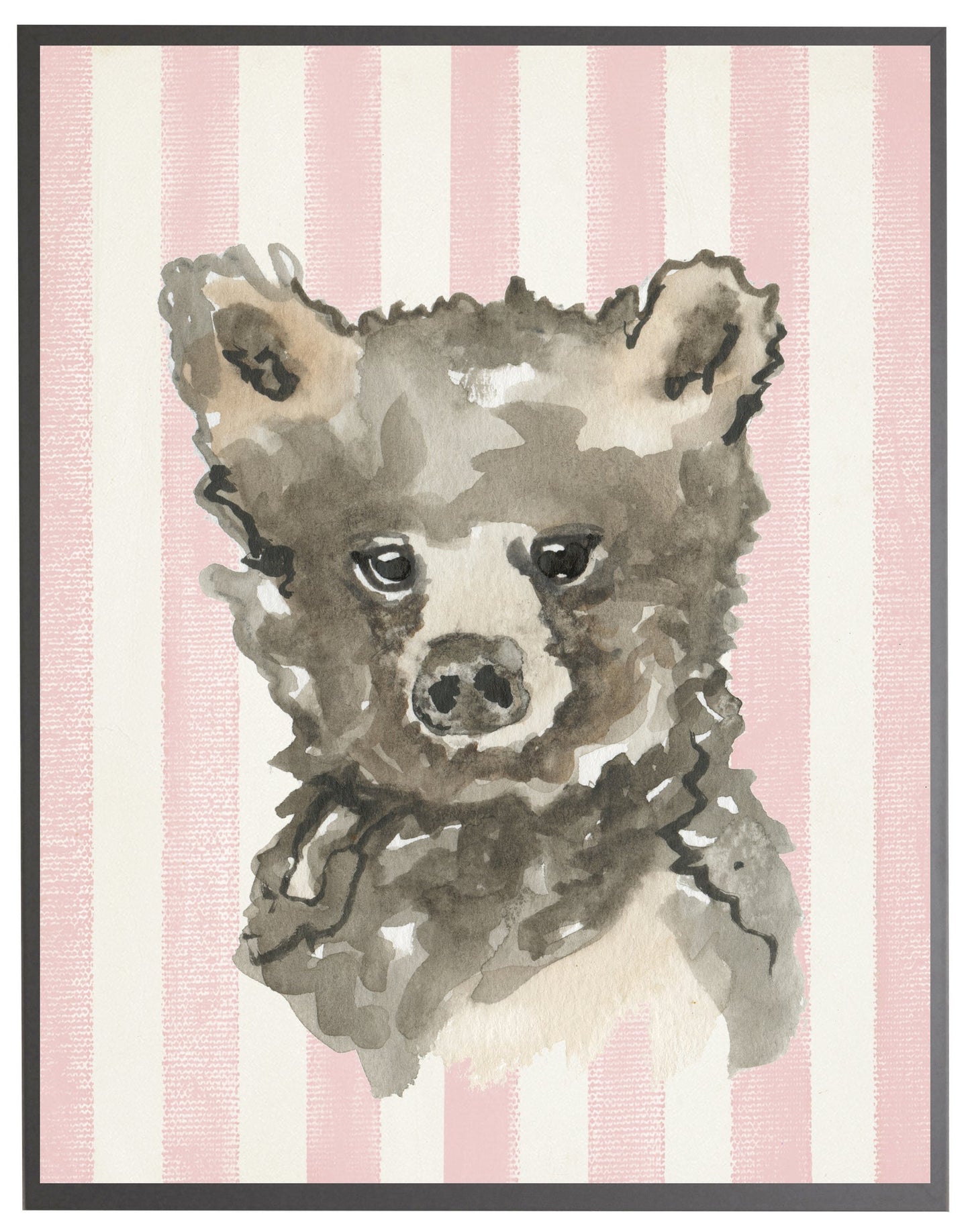 Watercolor Baby Bear on Pink Stripes with Wooden Frame