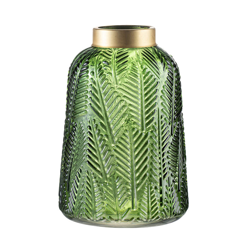 Fern Leaf Green Glass Vase With Brass Collar - Large