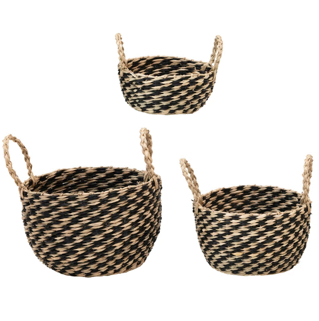 Black And White Hand-Woven Seagrass Baskets - Medium