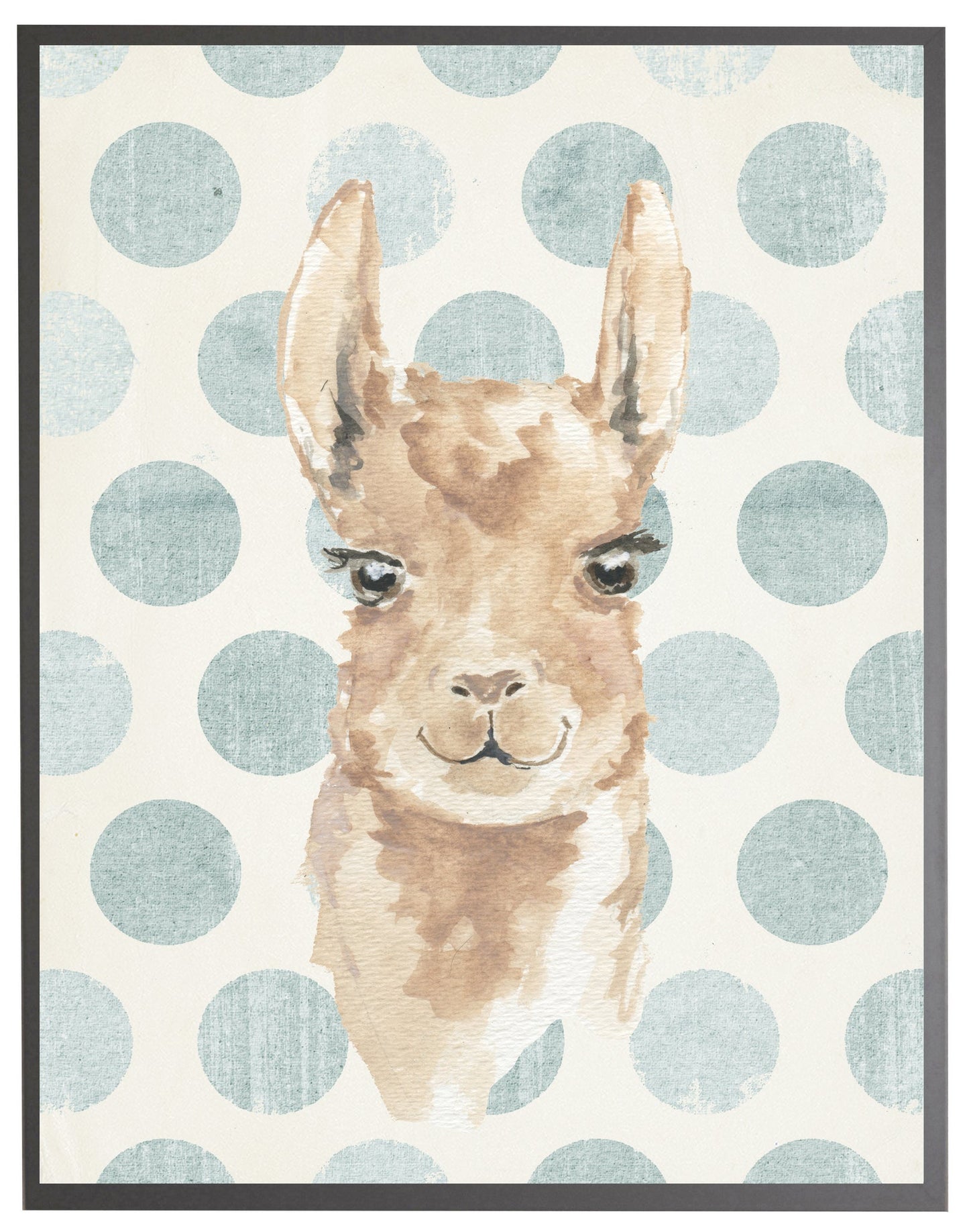 Watercolor Baby Llama on Blue Polka Dots with Wooden Frame