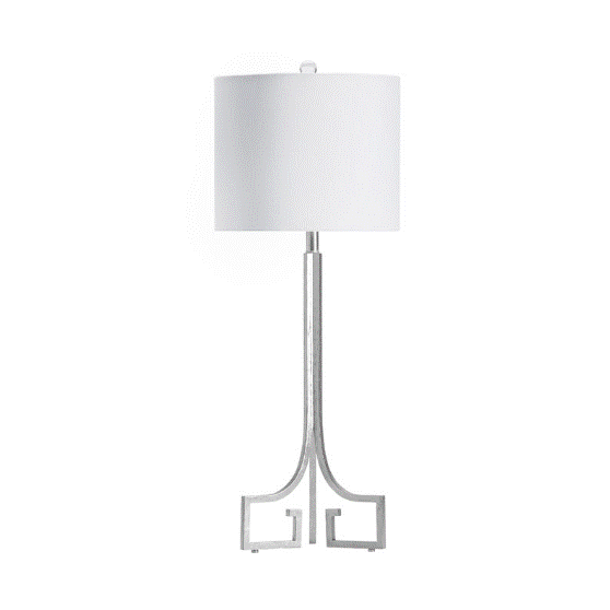 Lux Table Lamp, Metal, Silver Leaf Finish, White Linen Drum Shade