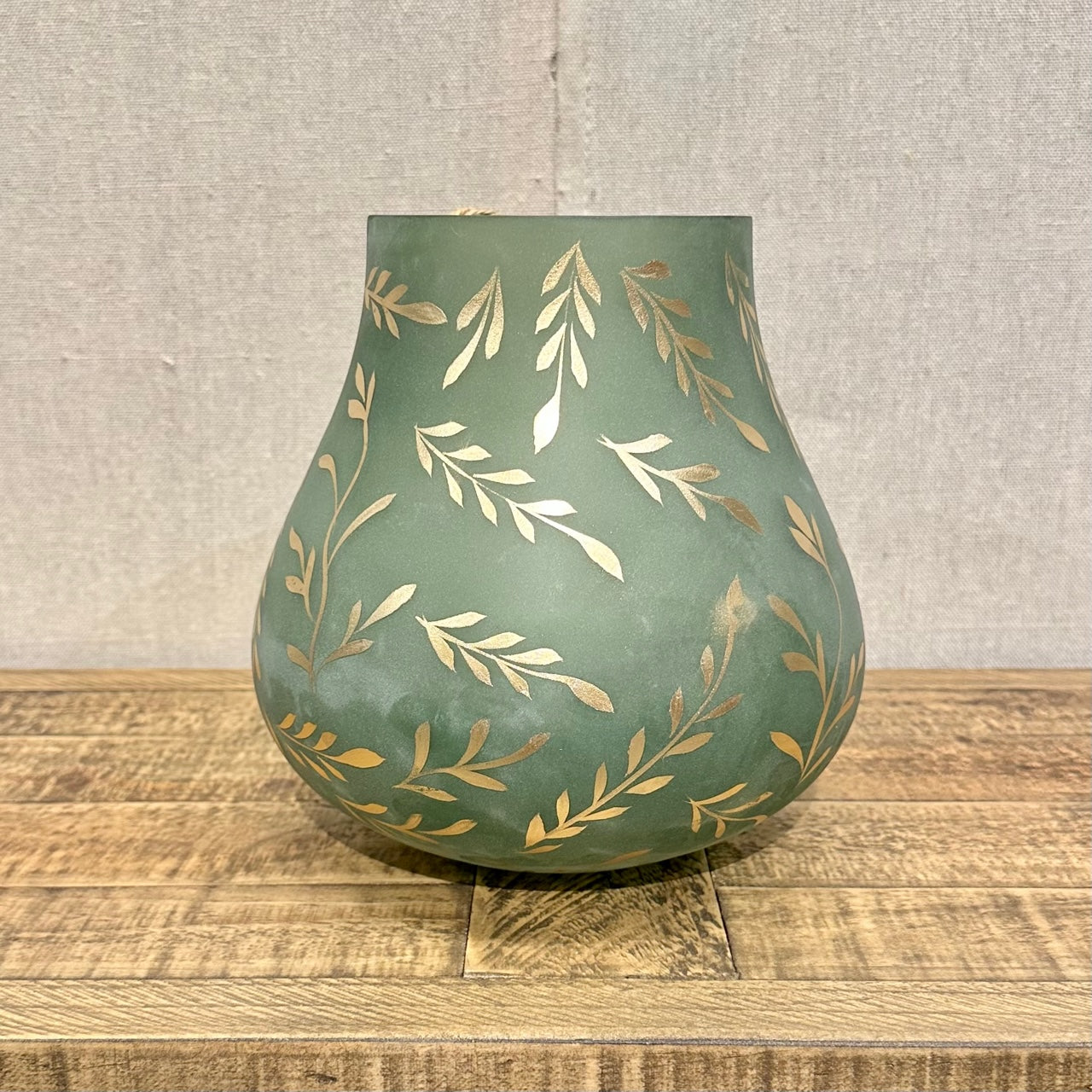 Lila Large Sage Satin Glass Vase, Handpainted hurricane