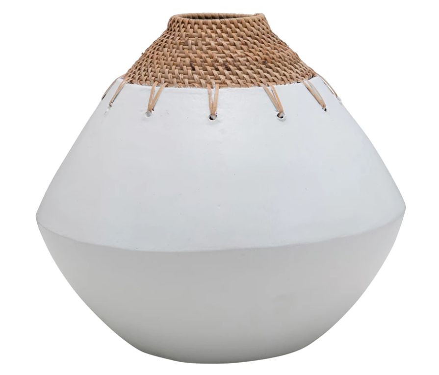 White And Natural Terracotta Vase With Hand-Woven Rattan Stitching