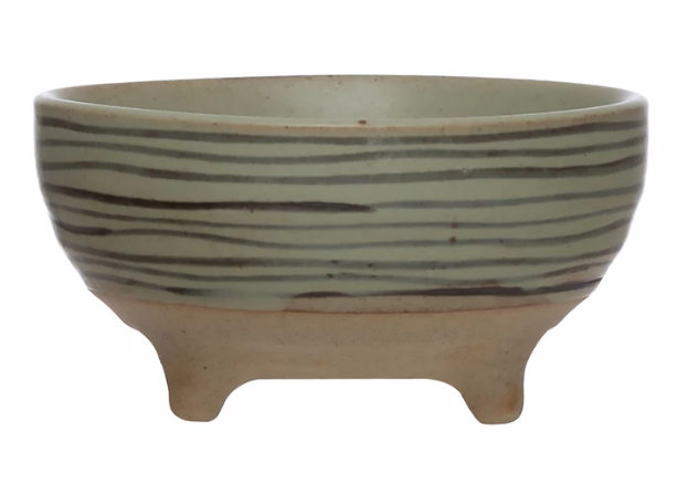 Organic Striped Stoneware Footed Bowl With Indentations