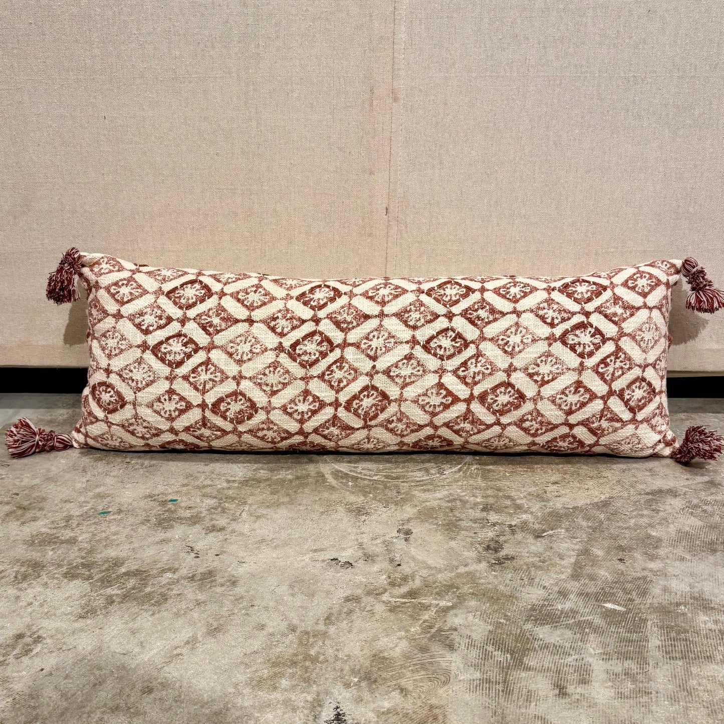 Madhoo Lumbar Indian Block Printed Embroidered Pillow With Tassels - 12" X 34"