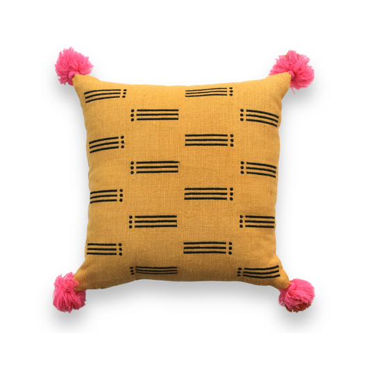 Mustard Yellow Patterned Pillow with Artisanal Tassel Details