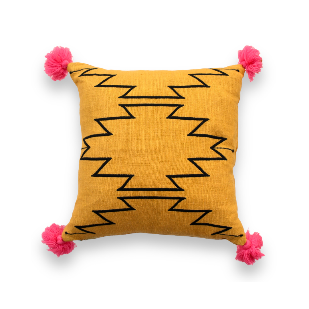 Sunshine Yellow Pillow with Bold Black Embroidery and Tassel Accents