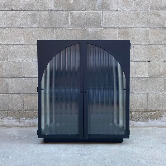 Isabella Iron And Reeded Glass Bar Cabinet With Glass Shelves