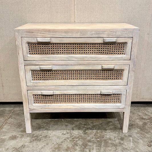 Deven Three Drawer Cane And Mango Wood Nightstand