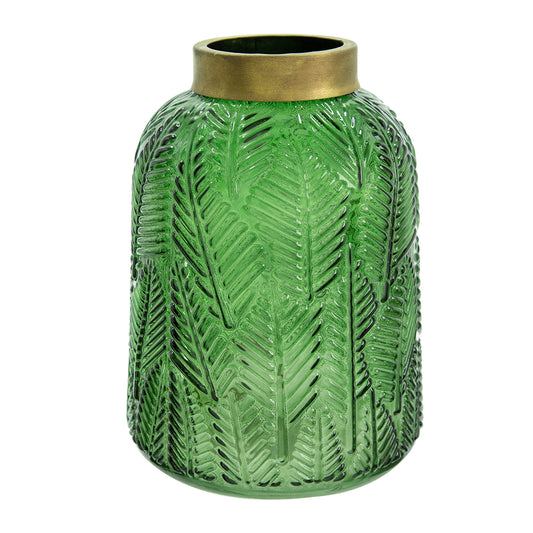 Fern Leaf Green Glass Vase With Brass Collar - Small