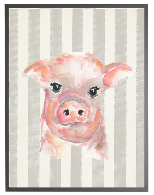 Watercolor Baby Pig on Grey Stripes with Wooden Frame