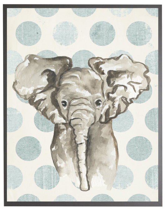 Watercolor Baby Elephant on Blue Polka Dots with Wooden Frame
