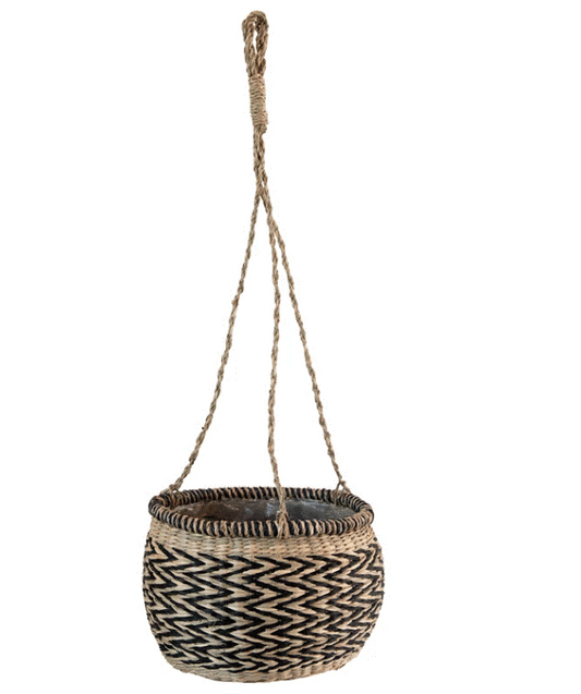 Black And White Zig Zag Hand-Woven Hanging Seagrass Basket Planter