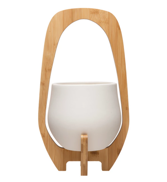 Stoneware Tabletop Planter With Bamboo Stand - Large