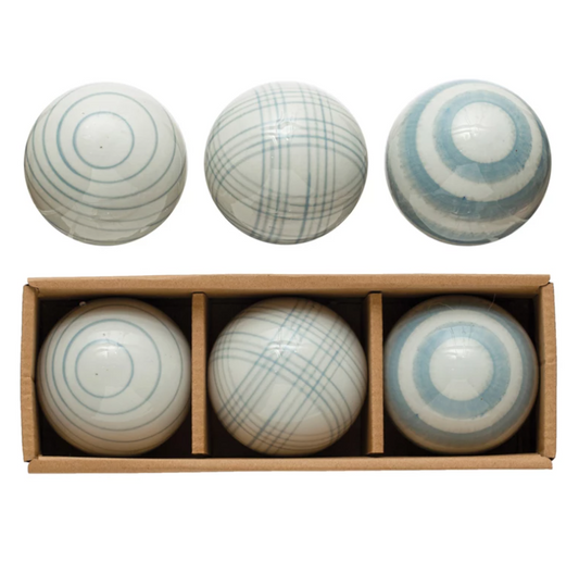White And Blue Stoneware Orbs - Assorted