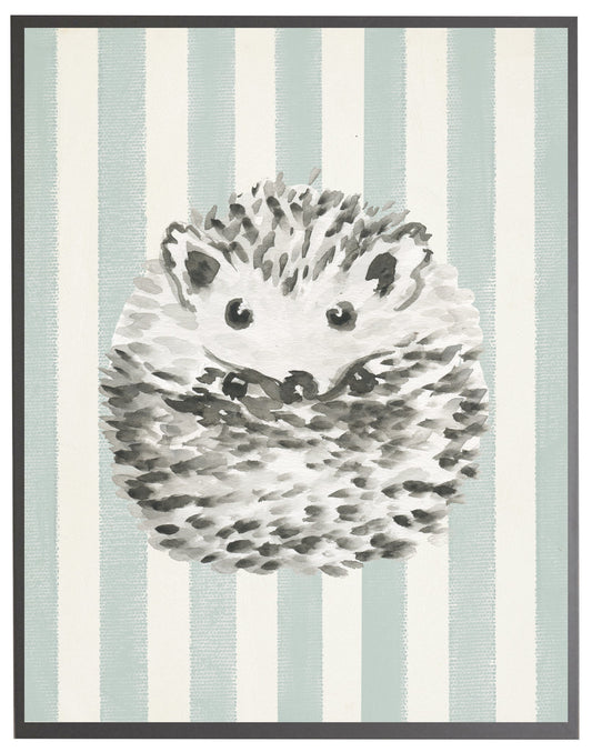 Watercolor Baby Hedgehog on Blue Stripes with Wooden Frame