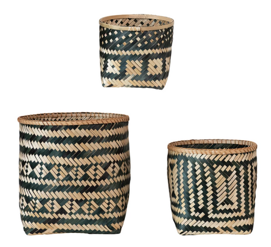 Black And Natural Woven Bamboo Baskets - Small
