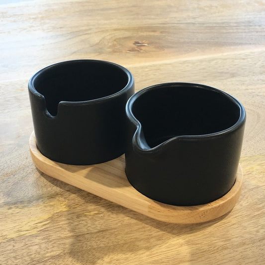Black Stoneware Cream And Sugar Pots With Wooden Tray