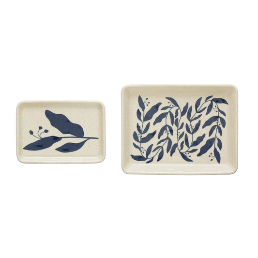 Blue And Cream Stoneware Botanical Tray - Large