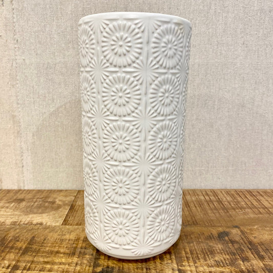 Clara Embossed Mandala White Ceramic Vase - Small