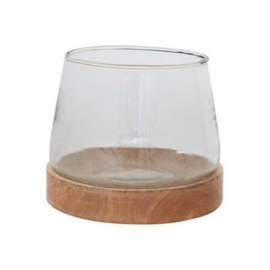 Glass Hurricane Vase With Mango Wood Base