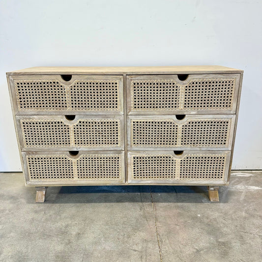 Batu Cane Front Six Drawer Mango Wood Dresser
