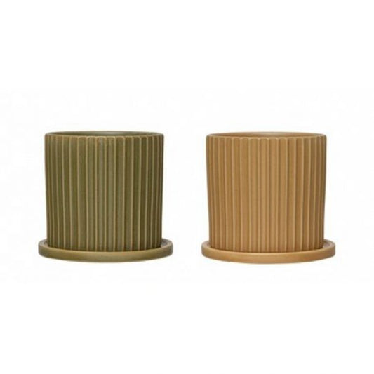 Stoneware Fluted Planter With Saucer - Assorted