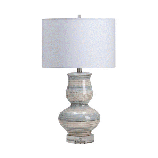 Decker Double Gourd Table Lamp, Ceramic & Crystal, Gray & Blue Ceramic & Crystal Finish,  White Linen Drum Shade