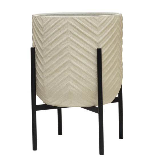 White Metal Embossed Planter With Black Stand