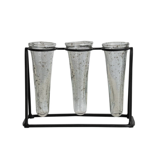 Triple Glass Cone Shaped Vase With Metal Stand