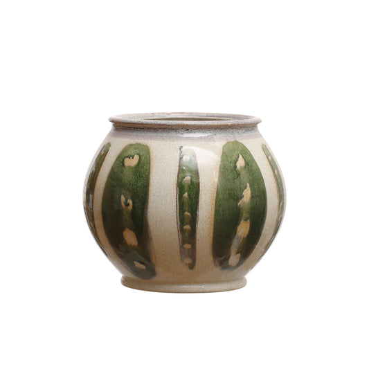 Hand-Painted Stoneware Vase With Design - Reactive Glaze - Green & Cream Color