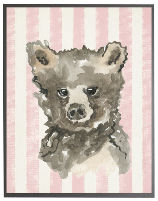 Watercolor Baby Bear on Pink Stripes with Wooden Frame