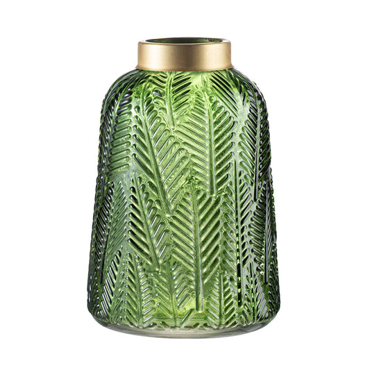 Fern Leaf Green Glass Vase With Brass Collar - Large