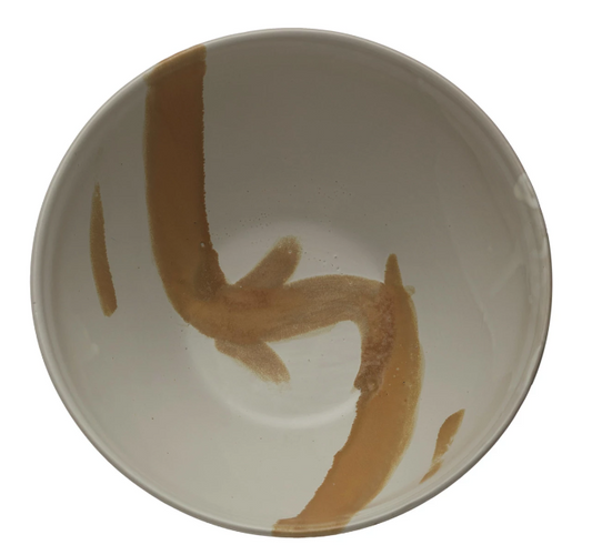 Tan And White Reactive Glaze Stoneware Serving Bowl