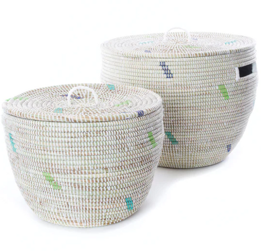 Green and Blue Dash Nesting Basket with Lid - Small