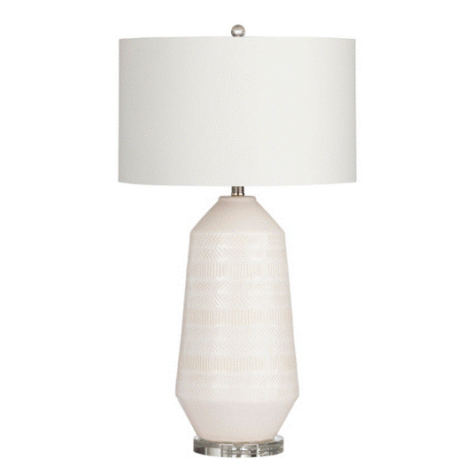 Sherie Table Lamp, Ceramic & Crystal, White Finish, White Linen Drum Shade