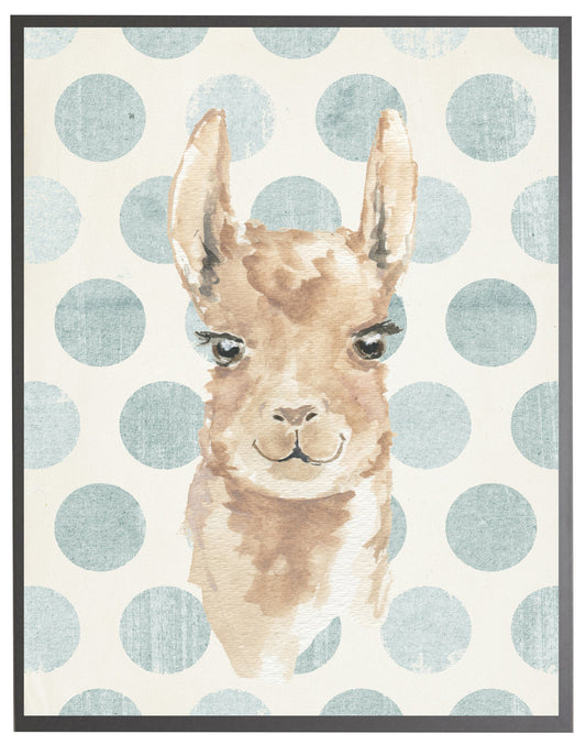Watercolor Baby Llama on Blue Polka Dots with Wooden Frame