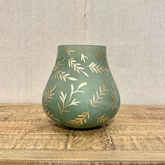 Lila Medium Sage Satin Glass Vase, Handpainted hurricane