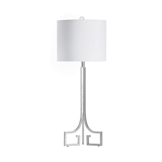 Lux Table Lamp, Metal, Silver Leaf Finish, White Linen Drum Shade