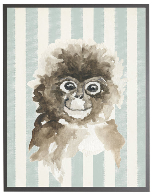 Watercolor Baby Monkey on Blue Stripes with Wooden Frame