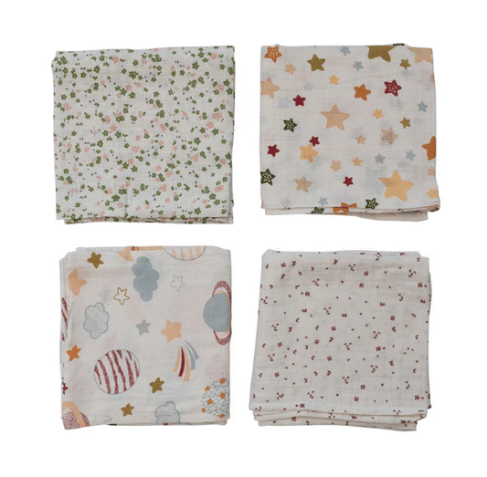 Cotton Muslin Double Cloth Printed Swaddle With Pattern And Matching Drawstring Bag - Assorted