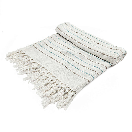 Decorative White Cotton Throw Blanket with Tassels and Multicolored Stripes