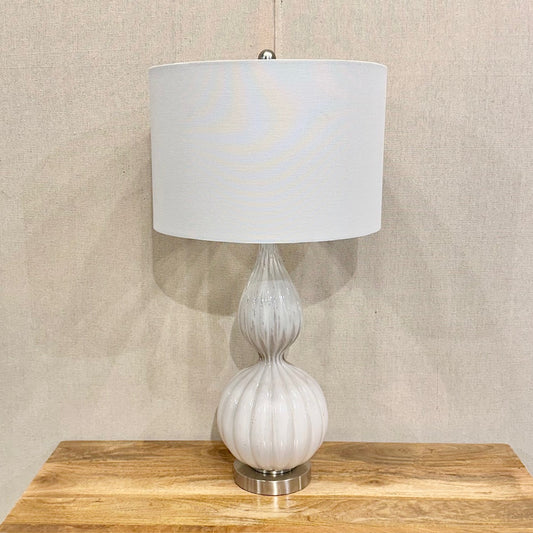 Monroe Fluted Gourd Lamp, Glass & Metal, Pearlized Glazed Finish, White Linen Drum Shade