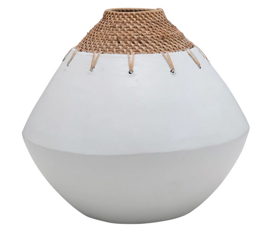 White And Natural Terracotta Vase With Hand-Woven Rattan Stitching