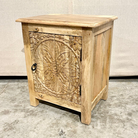 Jackie Single Drawer One Door Botanical Carved Mango Wood Nightstand